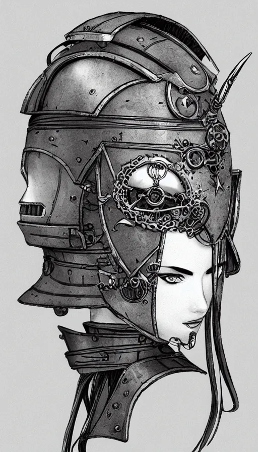 Image similar to steampunk helmet, female warrior, sharp focus, moebius, game art