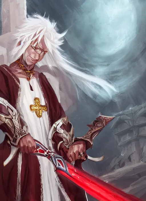 Image similar to a highly detailed illustration of white haired african priest, wearing cross on robe, wielding red blades made of blood, evil standing smiling pose, muscular, intricate, elegant, highly detailed, centered, digital painting, artstation, concept art, smooth, sharp focus, league of legends concept art, WLOP