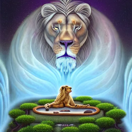 Image similar to an anthromorphic lion meditating in a zen garden with a waterfall under the blood moon, by Adi granov and afarin sajedi and amanda sage and evgeni gordiets and Agostino Arrivabene and adonna khare in a psychedelic portrait style, ultrarealistic matte painting, volumetric lighting, fractal, extremely symmetrical, highly detailed face, orisha, 8k, hd