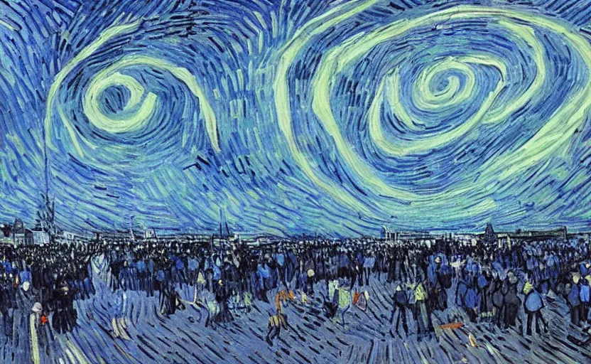 Image similar to people with posters attacking cops, a huge blue spiral - shaped white luminous attractor is floating on the horizon near the sun, stores in los angeles with light screens all over the street, concept art, art for the game, professional lighting, dark night lighting from streetlights, by van gogh