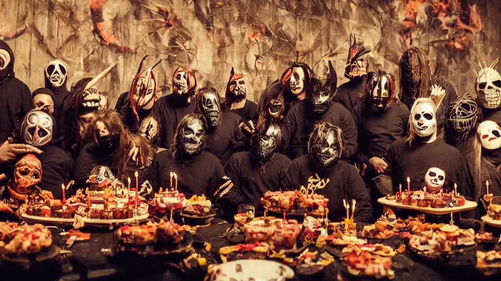 Image similar to slipknot having a birthday party, film still from the movie directed by Denis Villeneuve with art direction by Salvador Dalí, wide lens