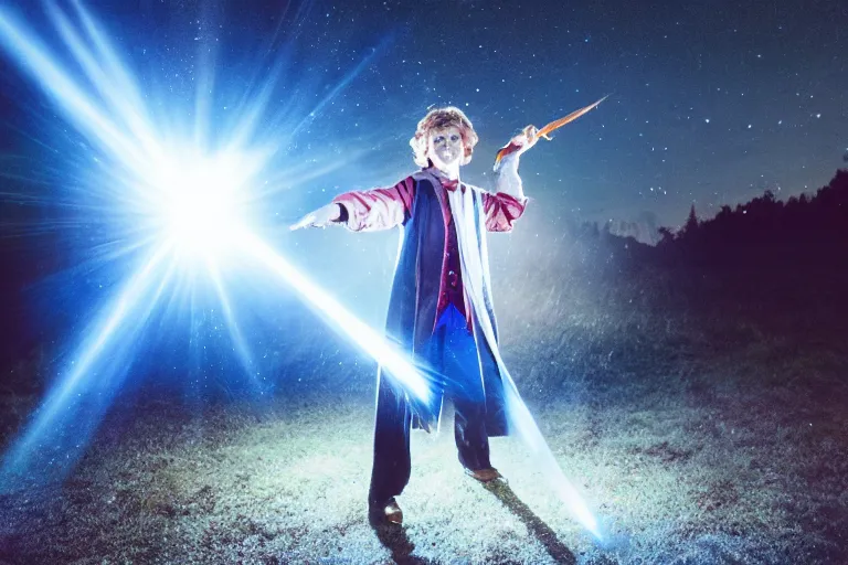 Image similar to a young adult wizard with very detailed face, hair clothes and shoes points their wand fiercely from which a blast of bright magic flies from the end of the wand, on an empty moonlit hill, dramatic lighting, lens flare, 3 5 mm full frame professional photography, kodachrome