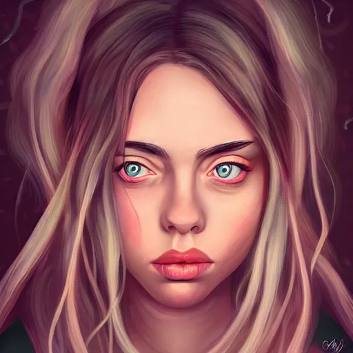 Prompt: a macabre portrait of billie eilish by cyril rolando