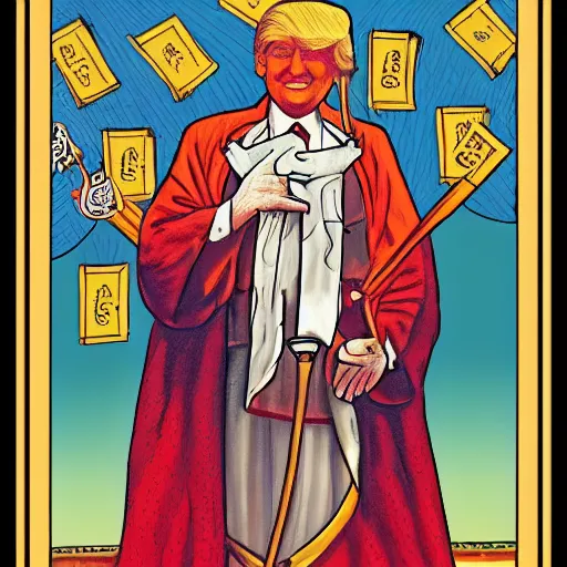 Image similar to Donald Trump in Thoth tarot deck, style of Lady Frieda Harris, 4K