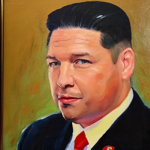 Image similar to oil painting of Ron Desantis in the style of a North Korean portrait