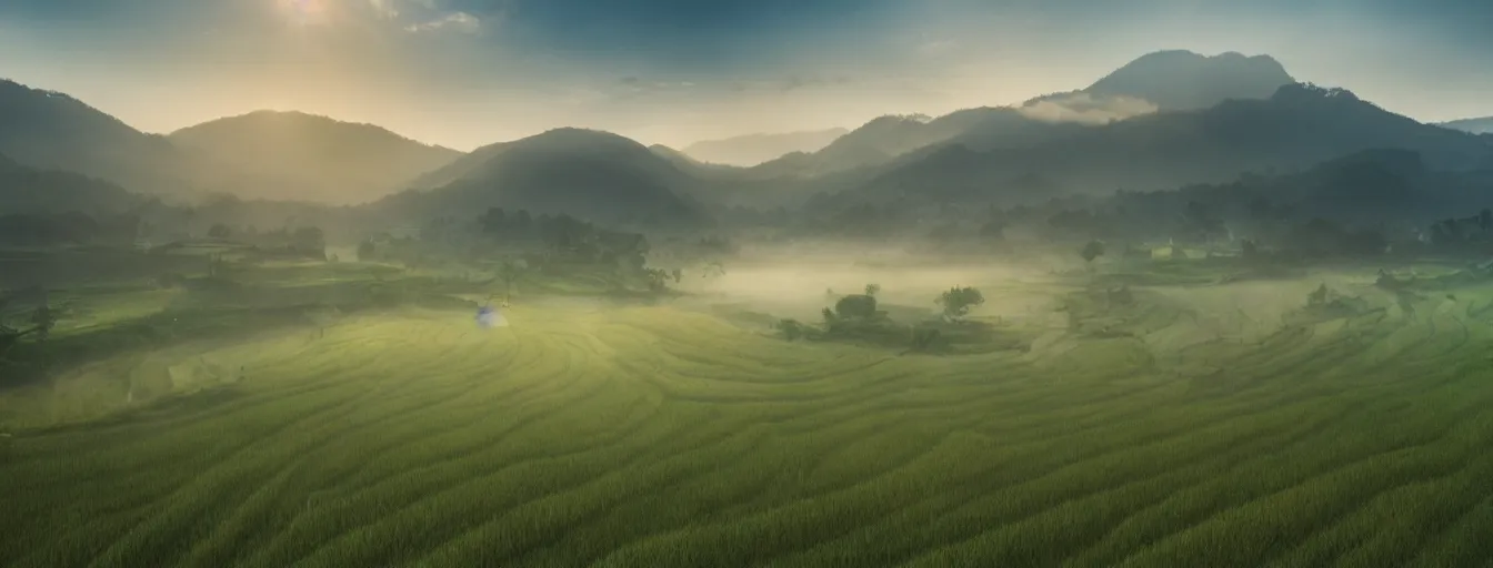 Image similar to Photo of paddy field of Baling with several village and rolling mountain at the background, wide angle, volumetric light, fog, mist, morning, hyperdetailed, light water, artstation, cgsociety, 8k