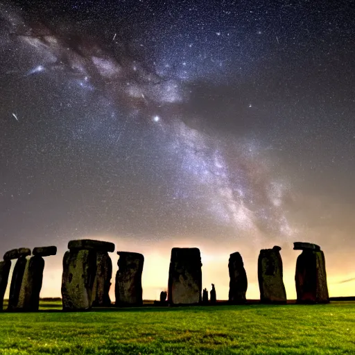 Prompt: a high - quality photo of the perseid meteor shower over stonehenge, isometric, realistic, milky way, long exposure, iso 1 6 0 0, astrophotography, f 2. 8