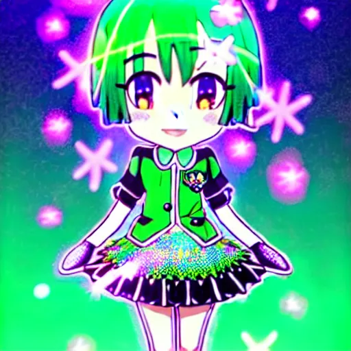 Prompt: a hologram of moe styled green haired yotsuba koiwai crossed fingers, wearing a gothic lolita decora spiked jacket, background full of lucky clovers and shinning stars, holography, irridescent