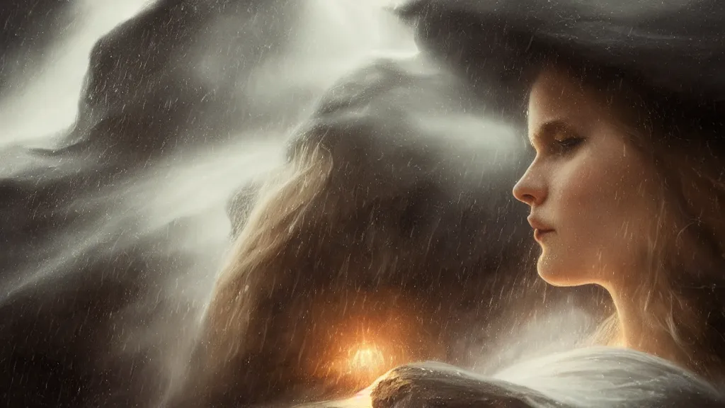 Prompt: mage, norway fjord, extreme close up portrait, hudson river school, max rive, stormy seas, white royal dress, beautiful, bokeh, gentle, female, snowy, storm clouds, god rays, extreme close up portrait, d & d, fantasy, elegant, low key color palette, concept art, roger deakins and greg rutkowski and alphonse mucha