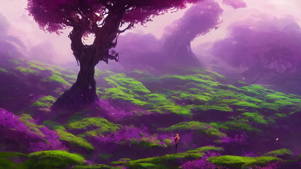 Prompt: giant violet tree overarching green plains, view from the ground, waves of energy, by sylvain sarrailh, rossdraws, ambient light, ultra detailed, fantasy artwork, 8 k, volumetric lighting, trending on artstation, award winning, very beautiful.