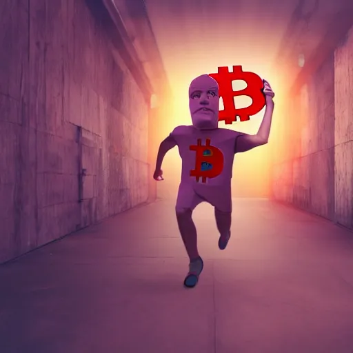 Image similar to people running away scared from a giant with bitcoin head, cinematic, 3D art, hyper-realistic, cryptocurrency, 8k