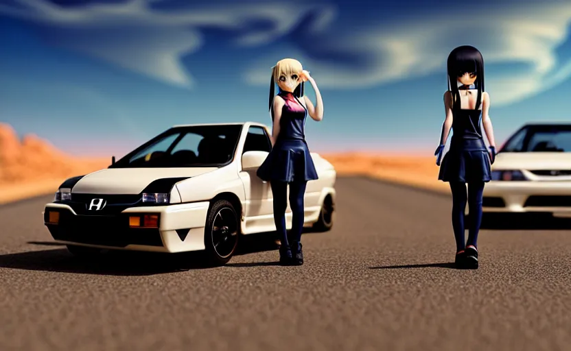 Image similar to photograph of a cell-shaded Honda EK9 Type-R with an anime girl, on a desert road with a futuristic city in the horizon, one point perspective, 1-point perspective, tilt shift, sigma 85mm f/1.4, 4k, depth of field, high resolution, 4k, 8k, hd, full color