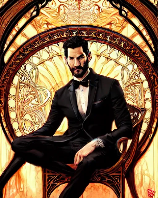 Prompt: tom ellis ( lucifer ) portrait sitting in art nouveau burning chair, fantasy, intricate devilish designs, elegant, highly detailed, sharp focus, art by artgerm and greg rutkowski and wlop