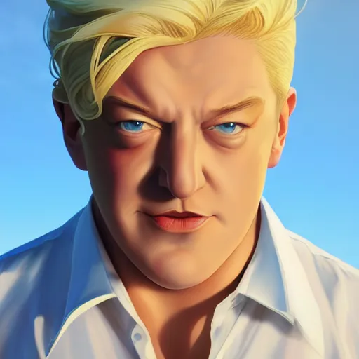 Prompt: portrait of the immensely handsome bodybuilder Stephen Fry with beautiful long pale blond hair, albino white pale skin, posing for a photoshoot in the golden hour, white dress shirt open at the chest, broad shoulders and huge thick arms, ambient lighting, 4k, anime key visual, lois van baarle, ilya kuvshinov, rossdraws, artstation