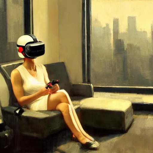 Image similar to rachael in vr helmet sitting next to deckard from bladerunner by jeremy mann and edward hopper