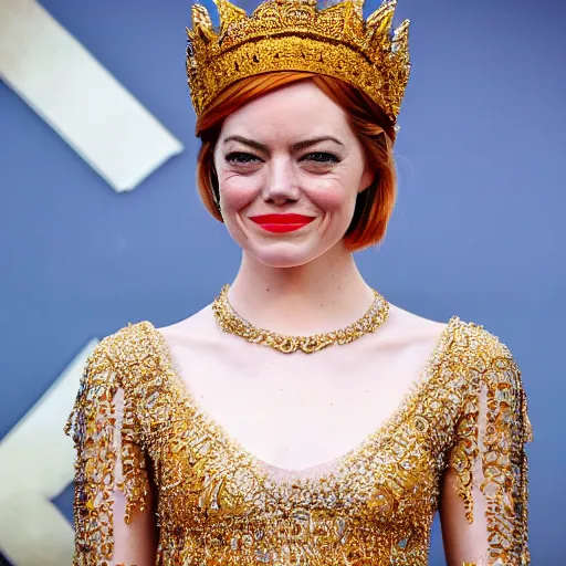 Image similar to A full body shot of Emma Stone wearing a golden Arabian crown , royality, high quality, fully detailed, 4k