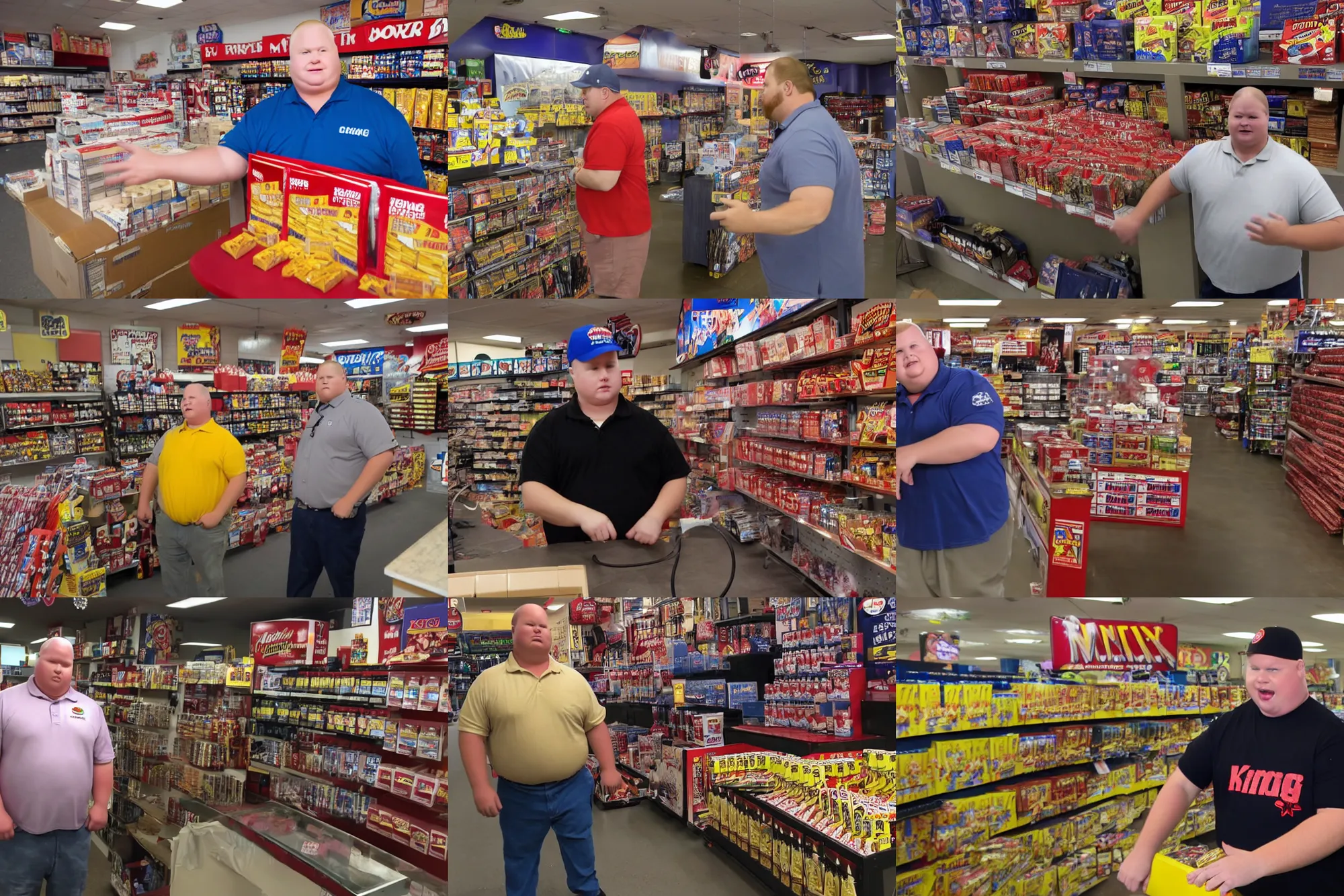 Prompt: bobby hill from king of the hill working at a fireworks store, movie still, from the new clerks movie, 8 k, hd