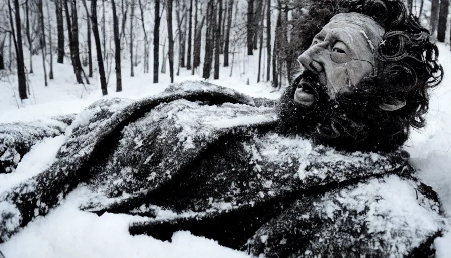 Image similar to 1 9 6 0 s movie still close up of marcus aurelius frozen to death in a dirty cape yelling in the snow, pine forests, cinestill 8 0 0 t 3 5 mm b & w, high quality, heavy grain, high detail, texture, dramatic light, anamorphic, hyperrealistic, detailed hair