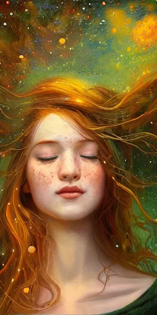 Image similar to infp young woman, smiling amazed, golden fireflies lights, sitting in the midst of nature fully covered, long loose red hair, intricate linework, green eyes, small nose with freckles, oval shape face, realistic, expressive emotions, dramatic lights spiritual scene, hyper realistic ultrafine art by michael cheval, jessica rossier, boris vallejo