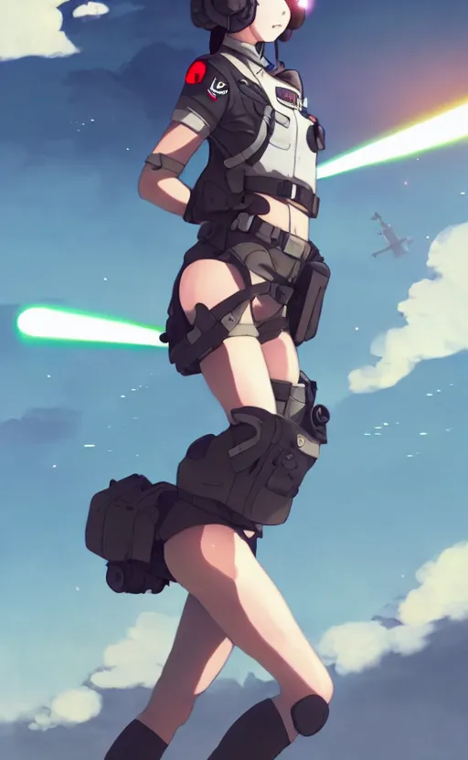 Image similar to cute pilot girl flying, black sky background, battlefield landscape, illustration concept art anime key visual trending pixiv fanbox by wlop and greg rutkowski and makoto shinkai and studio ghibli and kyoto animation, soldier clothing, military weaponry, fused airplane parts in legs, enemy ufo using lasers