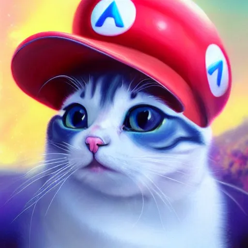 Image similar to A beautiful oil painting of a Kawaii Cat wearing a Super Mario Hat, illustration, art by artgerm, volumetric lighting, photorealistic, highly detailed.