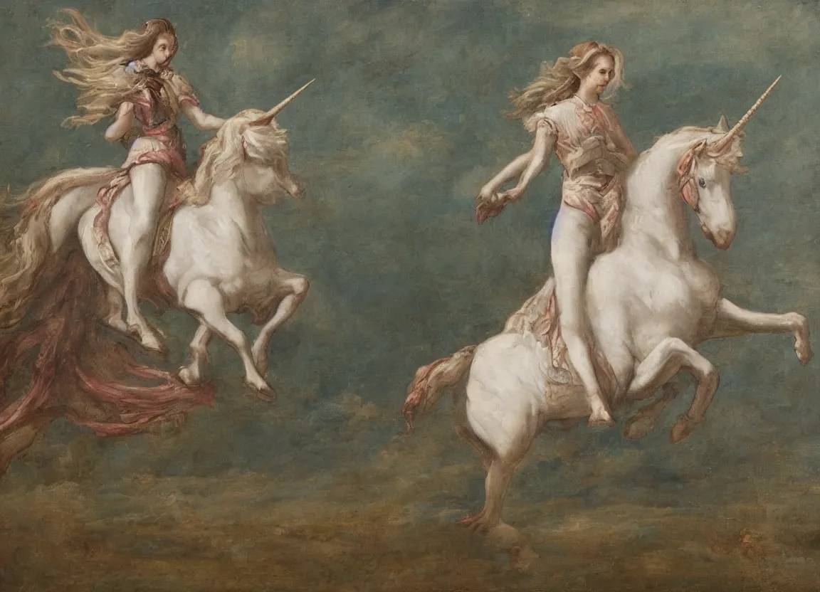 Prompt: woman riding a unicorn