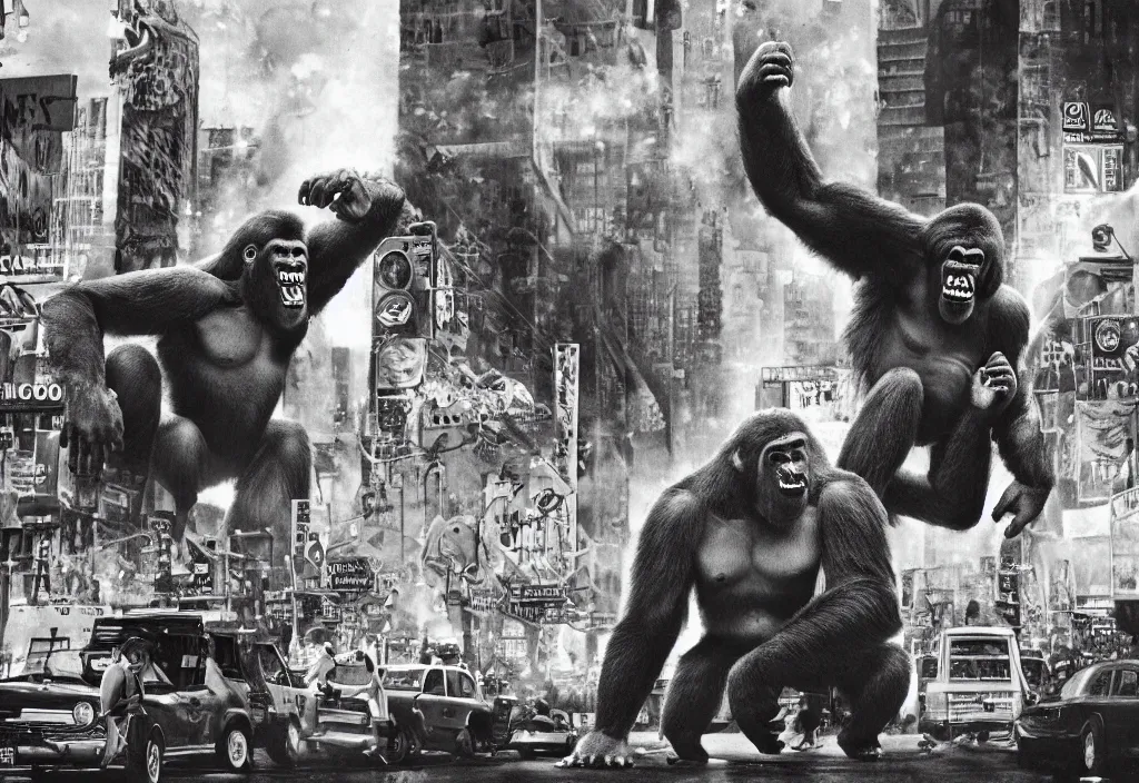 Prompt: An king Kong rage on street, Hollywood scene , cinematic , full color