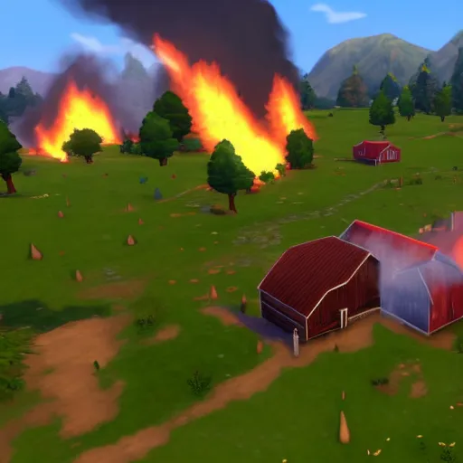 Prompt: a small vintage farm on fire in a corn field in the style of sims 4, gameplay footage