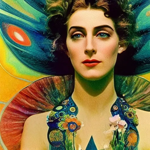 Image similar to extremely beautiful futuristic super schizophrenic psychedelic prismatic superhuman, lush detail, national geographic, steichen, herb ritts, roger deakins, anne leibovitz, alphonse mucha, sharp focus, ultra - realistic, hyperrealism, isotonic, beautiful madwoman