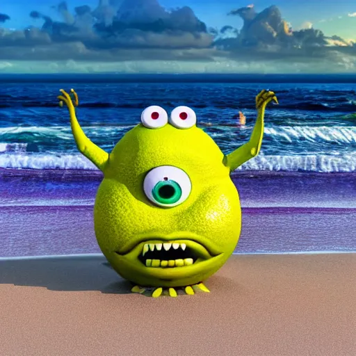 Image similar to 3 d render, of anthropomorphic lemon character that looks like a monster from the movie وmonsters inc, with lemon skin texture, he is wearing a hat, building a sandcastle on the beach at sunset, beach, huge waves, sun, clouds, long violet and green trees, rim light, cinematic photography, professional, sand, sandcastle, volumetric lightening