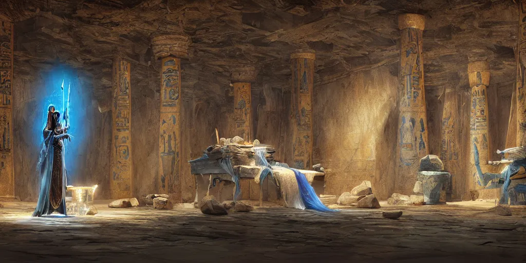 Image similar to fantasy movie scene greg rutkowski digital painting of an ornate and royal egyptian antechamber tomb with a old twisted wooden staff weapon with a blue crystal at it's tip laying on a stone altar, unreal engine, hyper realism, realistic shading, cinematic composition, blender render, octane render, hdr, detailed textures, photorealistic, ultrawide shot, 3 5 mm film