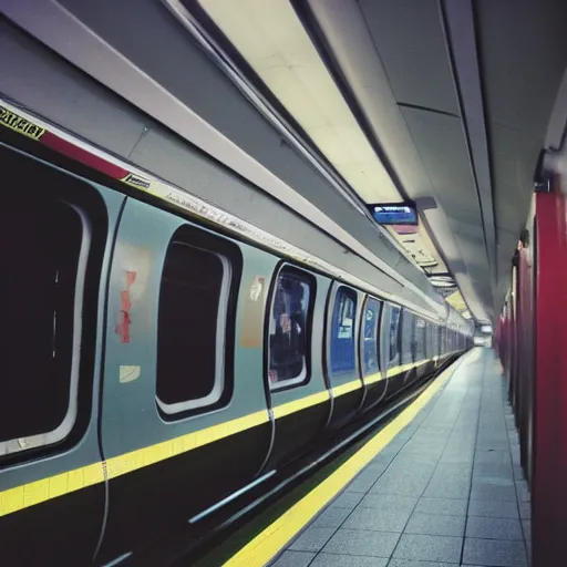 Image similar to photo, london underground, 5 0 mm f / 1. 4, cinestill 8 0 0,