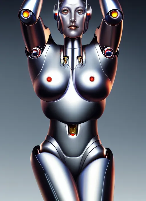Prompt: beautiful female metropolis robot, portrait by hagime sorayama and gerald brom, colorul, extreme detail, chrome, reflections, trending on artstation, 8 k