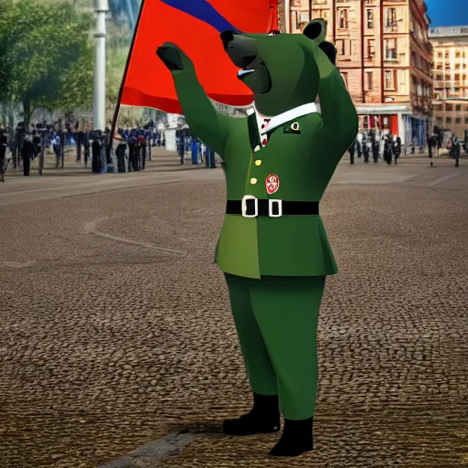 Image similar to a portrait of a socialist bear in a green military uniform with a hat, waving a red flag in Berlin, 4K realistic, hyper detailed, cinematic lighting, wow factor, award winning photo