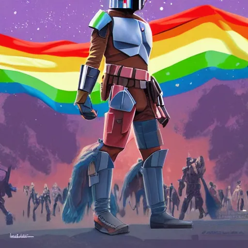 Image similar to the mandalorian wearing a pride cape in a pride parade by ilya kuvshinov katsuhiro otomo