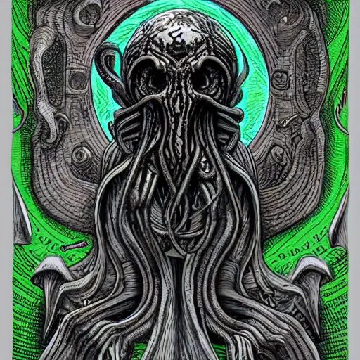 Image similar to Humanity is consumed by Cthulhu, Giger, Lovecraft, colored.