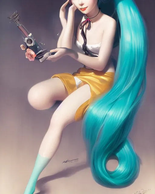 Image similar to Hatsune Miku by Gil Elvgren and Daniela Uhlig