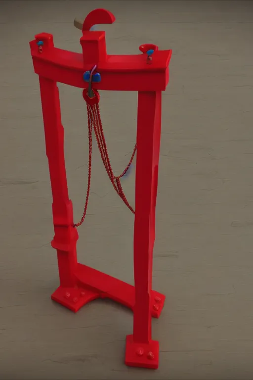 Image similar to product photo of life sized toy guillotine made by fisher price, colorful plastic, high quality, intricate detail, realistic textures, octane render, unreal engine 5, hyperrealism