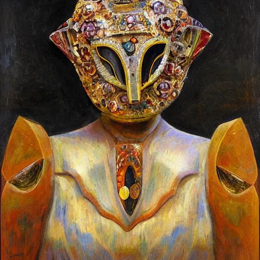 Prompt: the jeweled robot in her bird mask, by Annie Swynnerton and Diego Rivera, symbolist, dramatic lighting, elaborate geometric ornament, Art Deco,god rays, soft cool colors,smooth, sharp focus, extremely detailed, Adolf Wölfli