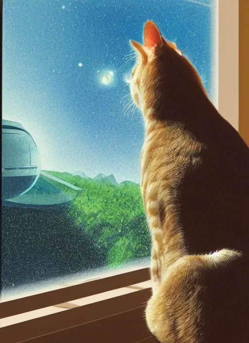 Prompt: cat watching a martian landscape from inside a window, photorealism