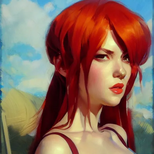 Prompt: greg manchess close up portrait painting of redhead beauty as manga character, medium shot, asymmetrical, profile picture, organic painting, sunny day, matte painting, bold shapes, hard edges, street art, trending on artstation, by huang guangjian and gil elvgren and sachin teng