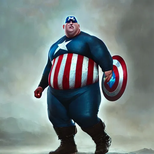 Image similar to hyperrealistic mixed media image of a morbidly obese captain america, stunning 3 d render inspired art by istvan sandorfi and greg rutkowski, perfect facial symmetry, realistic, highly detailed attributes and atmosphere, dim volumetric cinematic lighting, 8 k octane extremely hyper - detailed render, post - processing, masterpiece,