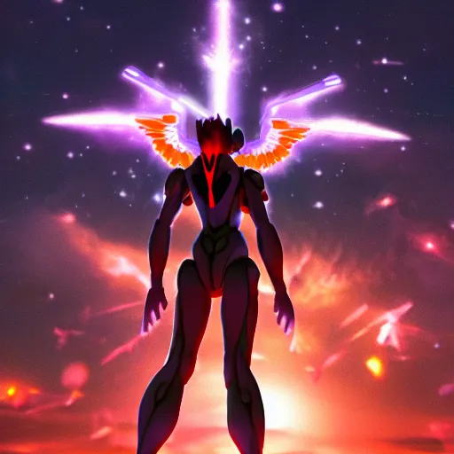 Prompt: evangelion angel invaders blazing wings 4 k path traced high definition detailed artstation realistic trending dramatic lighting hyperrealism bokeh focus galaxy background