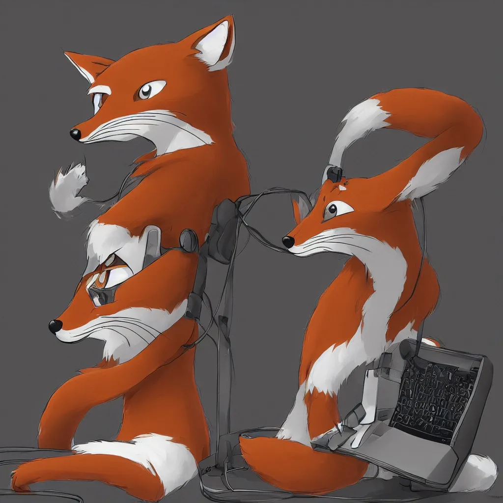 Image similar to an anthropomorphic fox in a hoodie sitting in front of a portable black computer, concept art, digital art, highly detailed, anime, by hayao miyazaki