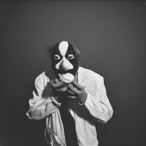 Prompt: portrait of a clown eating a fish, moon, analog photography, high res, stars visible, greyscale, film grain