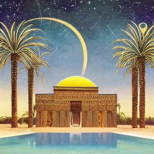 Image similar to a beautiful painting of a tiled pool surrounded by tall palm trees and egyptian architecture underneath a star and nebula filled night sky