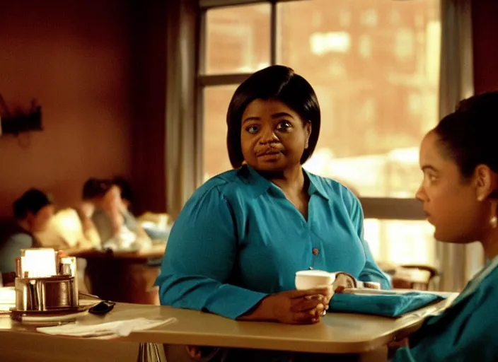 Prompt: cinematic screenshot of octavia spencer writing on a napkin to olivia coleman, seated at a classic diner booth, dramatic backlit window, volumetric hazy lighting, screenshot from being john malkovich ( 2 0 0 1 ) directed by spike jonze, moody cinematography, 3 5 mm kodak color stock, 2 4 mm lens, ecktochrome