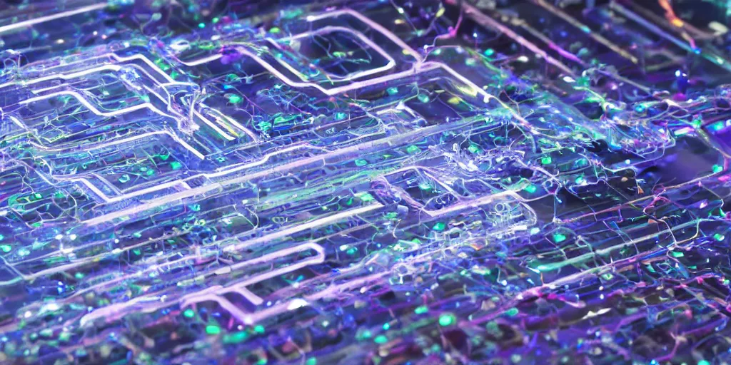 Image similar to a complex mysterious machine made from circuits, transistors, led, wire, macro photography, translucent pastel panels, smooth stylized shapes, embedded in clear epoxy, macro, overlapping layers, hyper - realistic vfx render