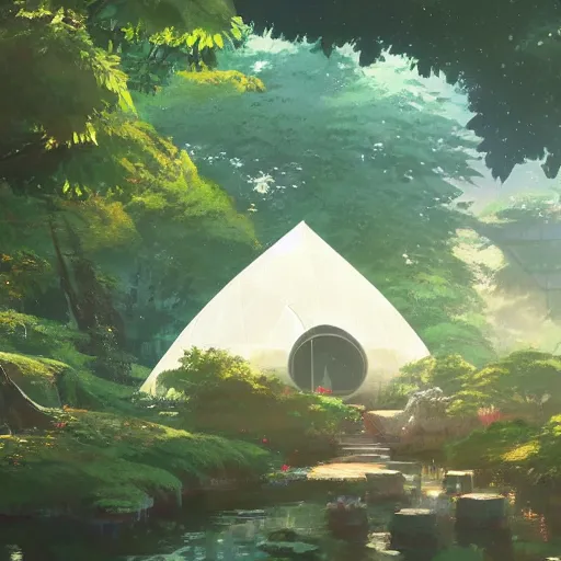 Image similar to geodesic dome with gardens and waterfall, gapmoe kuudere moody lighting stunning bokeh highlights sharp contrast | trending pixiv fanbox | by greg rutkowski makoto shinkai takashi takeuchi studio ghibli