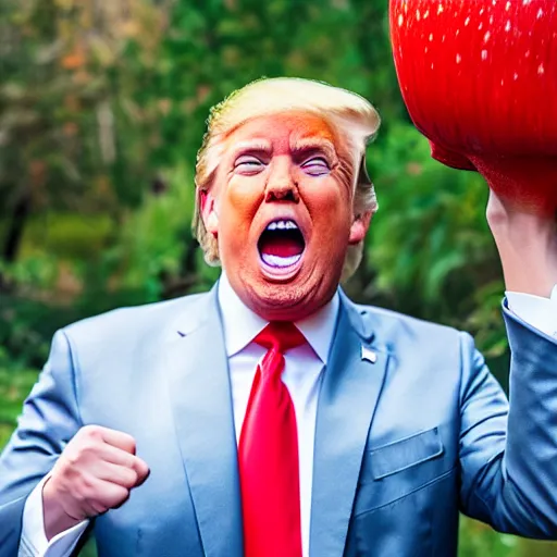 Prompt: portrait photo of Donald Trump finding a giant red mushroom, exhilarated, portrait, closeup. mouth open, 30mm, bokeh